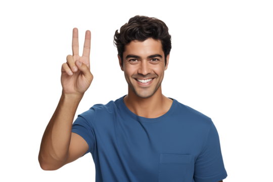 A man smiling and making a peace sign with his hand wearing a blue shirt on a transparent background  pngon transparent background png