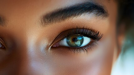 Obraz premium Close-up of a woman's radiant skin highlighting her sparkling eyes in soft daylight. Generative AI