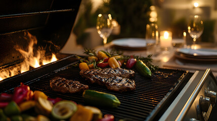 An elegant dinner scene with a sophisticated gas grill searing fresh vegetables and meat to a golden perfection.