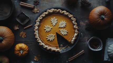 Pumpkin pie with autumn leaves decoration surrounded by fall elements