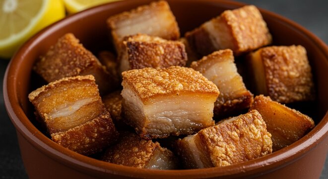 An ultra-detailed close-up of crispy Brazilian torresmo (fried pork belly)