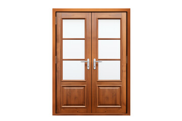 Obraz premium A pair of wooden double doors with glass panels and silver handles against studio shot on transparent background png