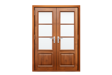 A pair of wooden double doors with glass panels and silver handles against  studio shot on transparent background png