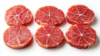 Six Slices of Raw Red Meat,  Perfectly Arranged on White Background Ready to Cook