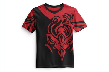 Stylish T-shirt with Red and Black Tribal Pattern Isolated on White