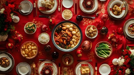 A stunning ancient Chinese bridge surrounded by red lanterns and flowing gold streamers during a festive evening celebration