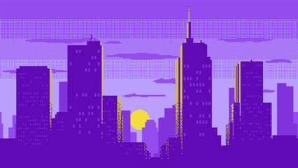 Sunset or sunrise over a modern city pixel art. Sunlight illuminates the silhouettes of buildings and skyscrapers. City landscape video game background. Retro style cityscape illustration.