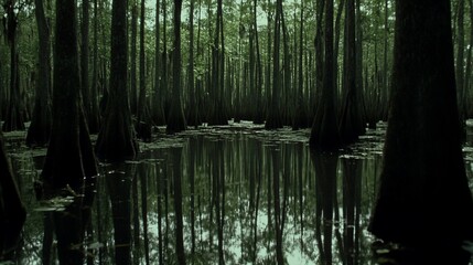 Swamp trees reflecting in still water, moody atmosphere, nature documentary backdrop