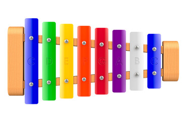 Obraz premium Wooden Xylophone 8 Notes, top view. For Kids Toddler with Multicolored Metal Bars. 3D rendering isolated on transparent background