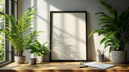 Empty frame mockup with plants and stationery high resolution photo