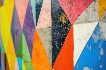 Colorful geometric shapes and patterns form abstract art on a wall Incorporating geometric shapes and patterns .