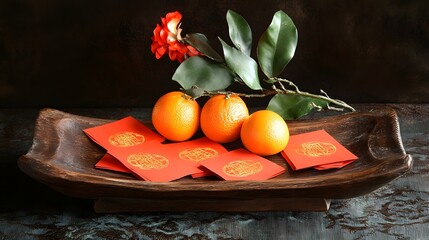 A traditional Chinese banquet spread on a table surrounded by red floral decorations creating a festive setting