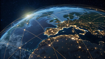 Illuminated Global Network: Digital Earth & Satellite Connectivity from Orbit.