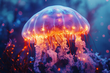 Fototapeta premium Generative AI image of glowing jellyfish floating in deep sea with bioluminescent colors and intricate translucent body patterns