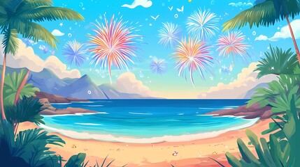 Tropical Beach Fireworks Celebration