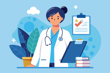 Doctor Holds Clipboard with Checklist on Light Blue Background