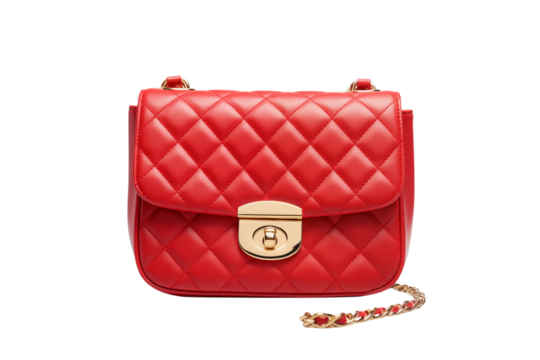 A red quilted purse with a gold clasp and chain strap on a  is centered in the image on transparent background png