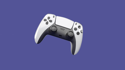 Realistic white video game joystick or gamepad on violet background
