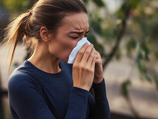 Woman suffering from allergy symptoms while outdoors, holding tissue to her nose, experiencing discomfort from pollen and environmental triggers, allergy awareness concept