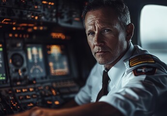 Obraz premium Pilot in a white shirt and tie inside a dimly lit cockpit, surrounded by illuminated control panels and aircraft instruments, professional aviation atmosphere.