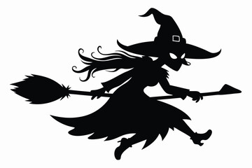 Silhouette Witch with Broom, Halloween Flying Witch, Witchcraft Design, Isolated