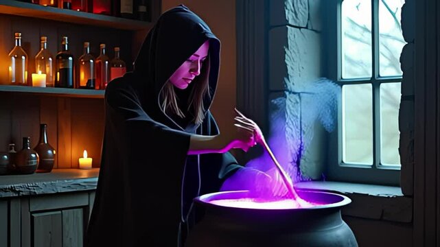 Magical Potion Brewing Scene: Woman Stirs PinkishPurple Liquid in Hooded Robe. A woman in a hooded robe stirring a potion in a cauldron.