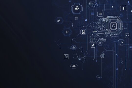 A dark blue technological circuit - like pattern with various icons, representing digital technology and data connectivity.