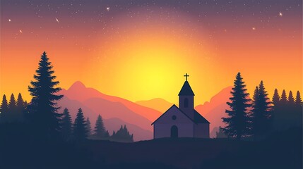 Peaceful church at sunset over mountains