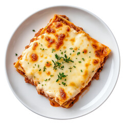 Lasagna with melted cheese and fresh thyme on white plate. Italian pasta and traditional comfort food concept. Clipart for menu, banner, poster. Top view isolated on transparent background.  