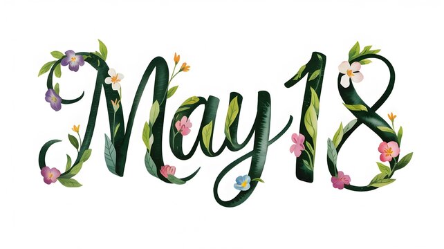 May 18 date watercolor painting with floral elements isolated on a white background for spring-themed designs, invitations, and calendar date highlights