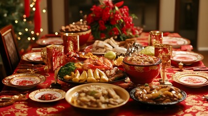Fototapeta premium A tranquil view of an ancient Chinese bridge illuminated by red lanterns and flowing gold streamers