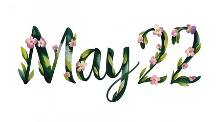 May 22 date watercolor painting with floral elements isolated on a white background for spring-themed designs, invitations, and calendar date highlights