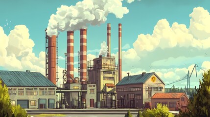 Sunny industrial complex with smoke stacks