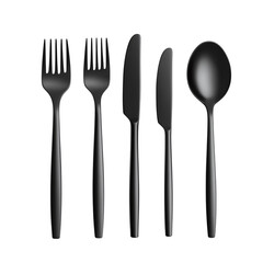Modern matte black cutlery set, isolated on a transparent background.