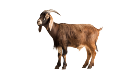 A full body shot of a brown goat standing on a  in a studio setting with good lighting on transparent background png