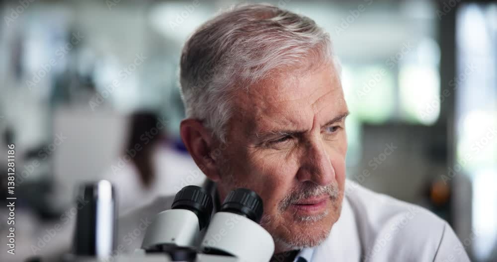 Poster microscope, man and scientist thinking of medical development and experiment. research, science and 