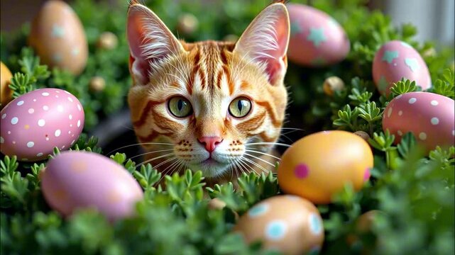 Curious cat playfully encounters colorful easter eggs in lush greenery