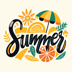 Summer Calligraphy Typography with Orange, Umbrella and Leaves on Beige