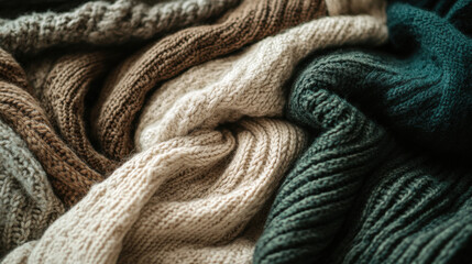Cozy pile of winter knitwear, tones ranging from khaki to forest green, focus on fabric weave and softness