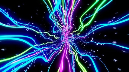 Dynamic video concept with neon blue and green light trails converging at a central point. Captured from a central perspective, creating a tunnel effect. Live desktop wallpaper. - Powered by Adobe