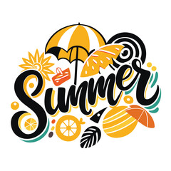 Summer Art with Beach Umbrella, Sunflower, Lemon on White Background