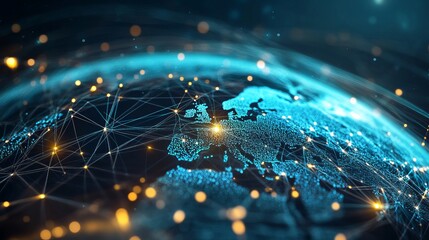 Digital earth network with europe map and glowing connections representing global communication system
