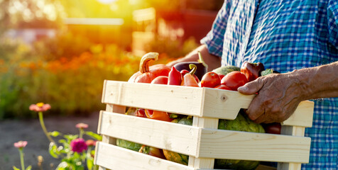 Farmer with a vegetable and fruit harvest in the garden