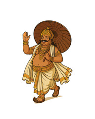 Obraz premium Mahabali Onam Festival Vector Illustration – Indian King Walking with Umbrella in Traditional Kerala Attire