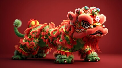 A beautifully detailed lion dance costume with bright colors set against a deep red background for a celebration