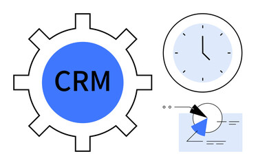 CRM gear emphasizing efficiency, analytics dashboard with pie chart, and clock symbolizing time management. Ideal for CRM tools, data integration, productivity, automation, tracking, organization