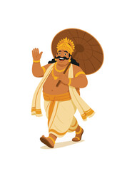 Mahabali Onam Festival Vector Illustration &ndash; Indian King Walking with Umbrella in Traditional Kerala Attire