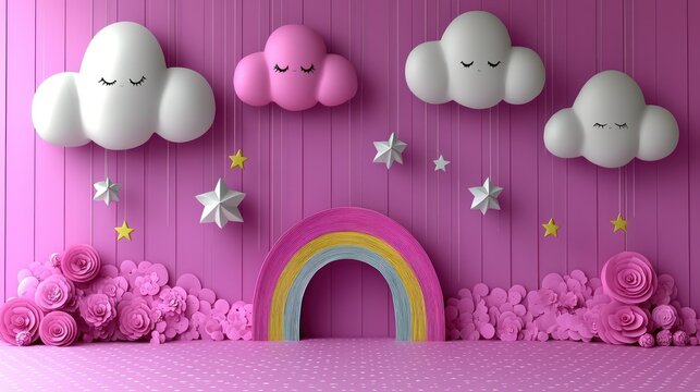 Dreamy Pink Cloud and Rainbow Baby Photoshoot Backdrop