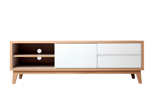 A light wood tv stand with white doors and shelves against a dark isolated background space for text on transparent background png