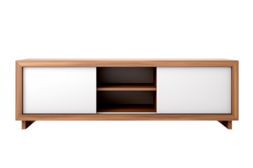 A modern tv stand with white sliding doors and wood frame on a  in a studio shot on transparent background png